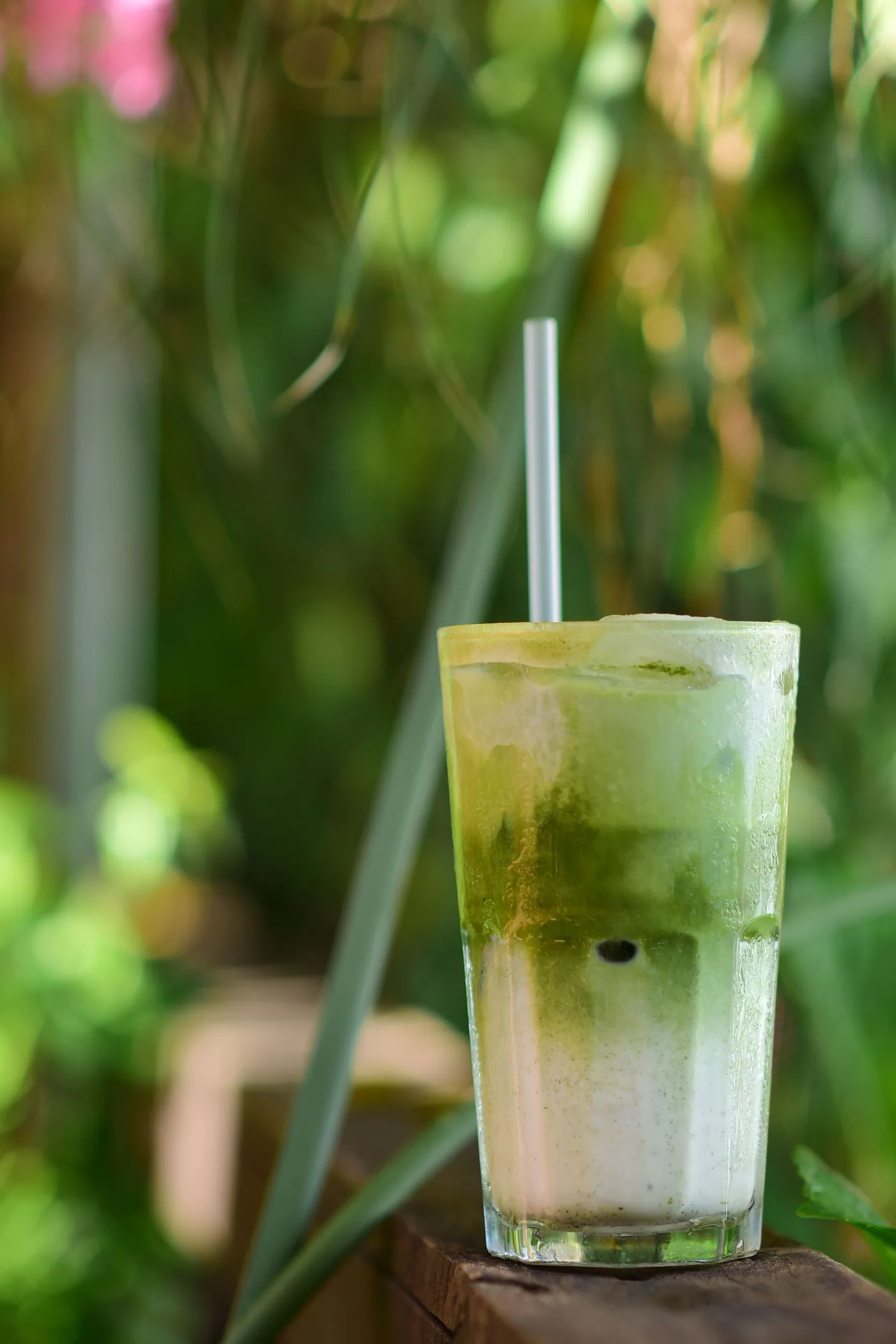 Tall glass of iced matcha latte with a straw, against greenery