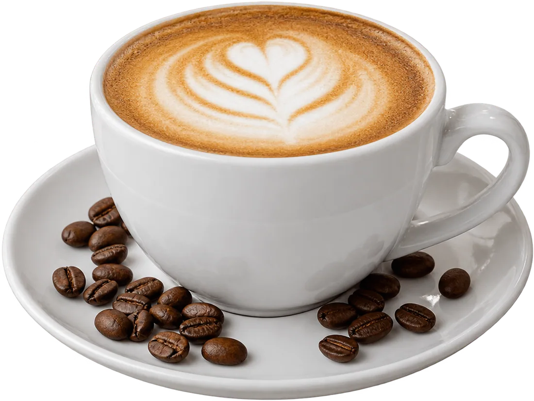 Cup of milky coffee on a saucer with coffee beans